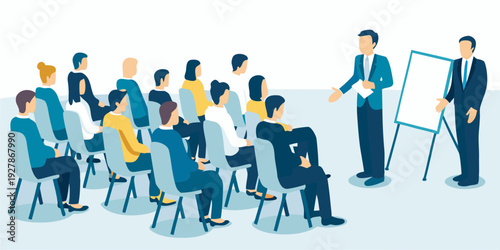 A business presentation is underway with a speaker and attentive audience