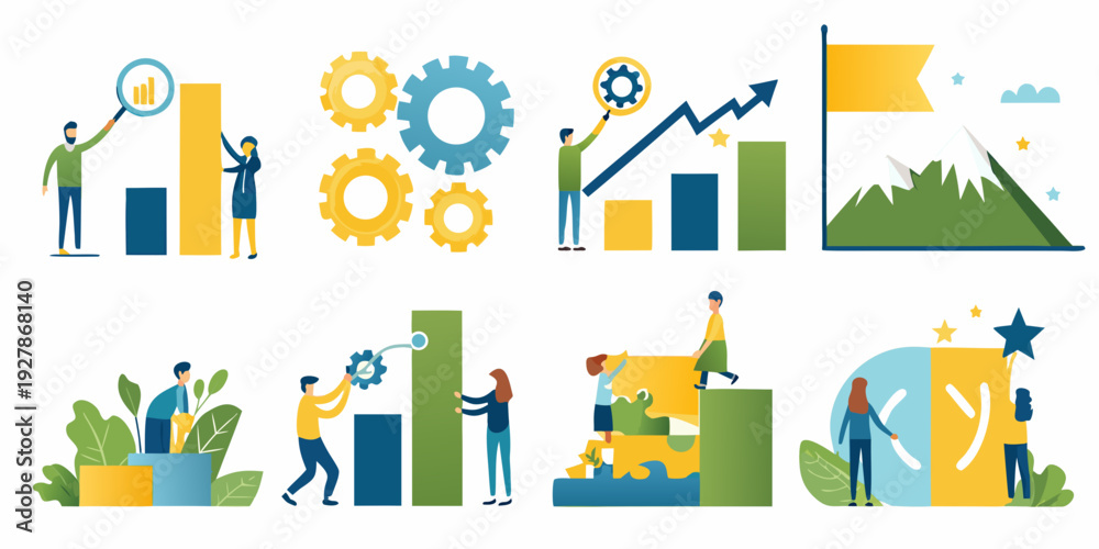Obraz premium Business growth and success illustrated with people and mechanical elements