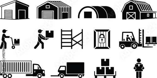 Black Icon Collection Of Warehouse Buildings Industrial Sheds Logistics Trucks Forklifts And Workers Carrying Boxes For Supply Chain Management And Storage Graphics
