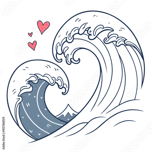 A blue wave with hearts on a white background