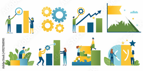 Business growth and success illustrated with people and mechanical elements