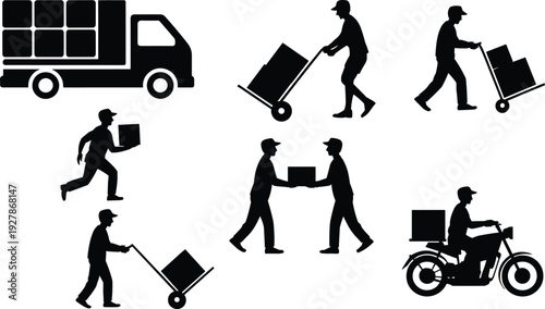Black Silhouette Collection Of Courier Delivery Workers Carrying Boxes Using Hand Trucks Riding Motorcycle And Loading Cargo Truck For Logistics Supply Chain