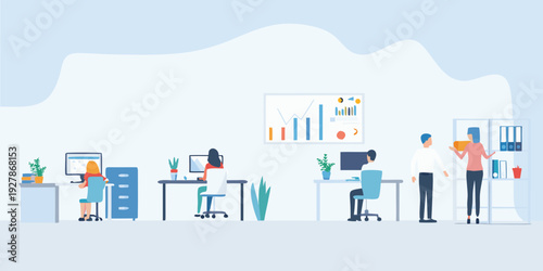 Modern office space with employees collaborating and working at desks