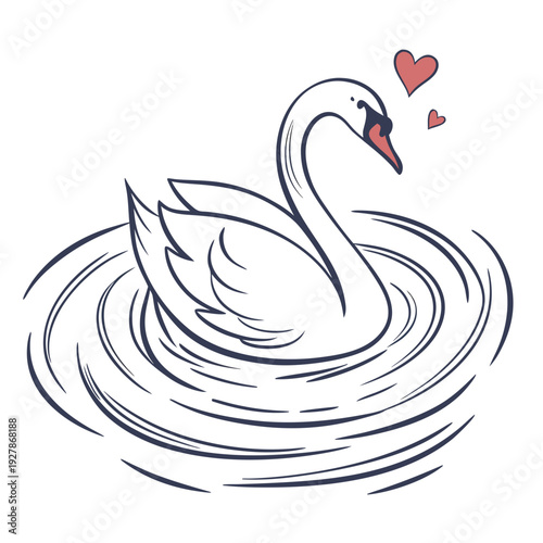 A swan swims on rippling water with hearts