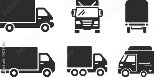 Black Silhouette Collection Of Delivery Trucks And Logistics Vans From Front Side And Back Views For Shipping Transport Supply Chain Industrial Icons
