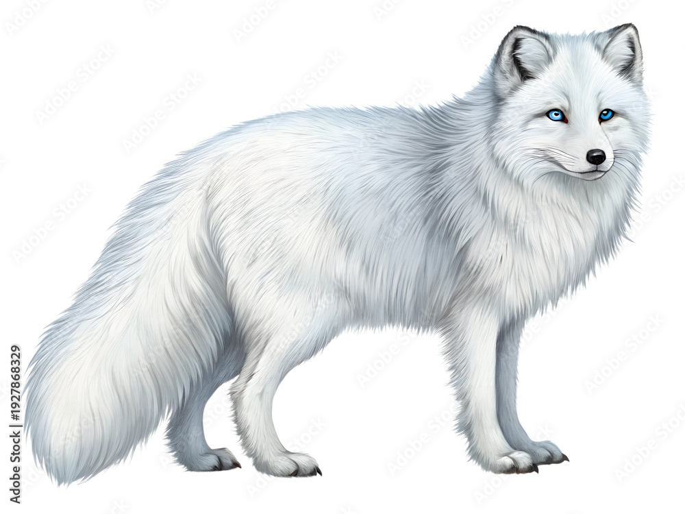 Obraz premium Arctic fox standing gracefully in a serene winter landscape, showcasing its beautiful white fur and piercing blue eyes in a moment of quiet observation arctic, fox, animal, wildlife, winter, snow, whi