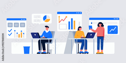 People collaborating on data analysis and digital project planning