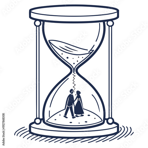 A couple standing inside an hourglass