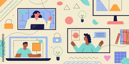 People connecting through video calls in a colorful abstract digital space