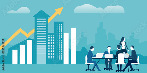 Business growth and success a team meeting with a rising chart