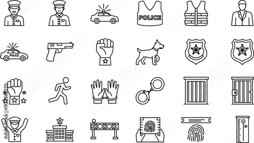 Police and Law Enforcement Line Icon Set with Officer, Badge, Handcuffs, Patrol Car, Prison, Security, and Public Safety Symbols