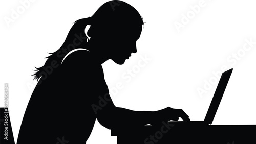 Silhouette of a young woman working on a laptop at a desk, female student studying online, remote work, digital nomad.