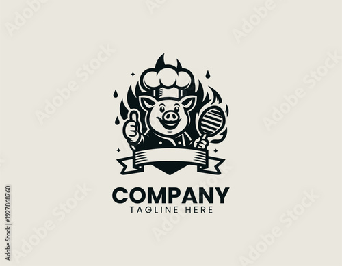 Smiling pig chef holding grilled steak with flames black vector logo illustration isolated on white background