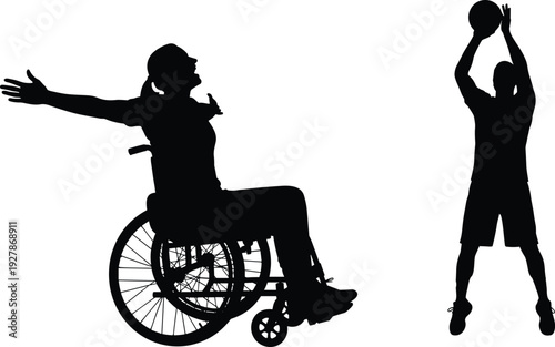 Silhouette of successful person in wheelchair celebrating victory and man playing basketball isolated on white background for inclusive sports theme