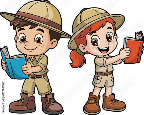 Cartoon children explorers reading colorful books outdoors, adventure learning illustration for education, playful design suitable for kids projects and campaigns