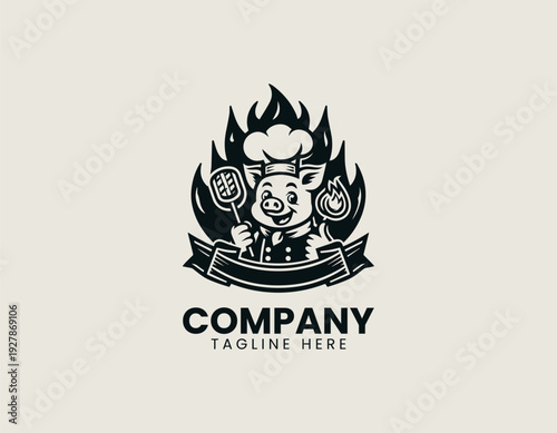 Smiling pig chef holding grilled steak with flames black vector logo illustration isolated on white background