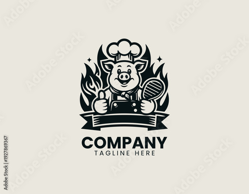 Smiling pig chef holding grilled steak with flames black vector logo illustration isolated on white background