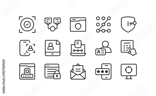 User Authentication line icons pack. Login, password, identity verification, biometrics, fingerprint, two-factor authentication, and access control vector icon collection
