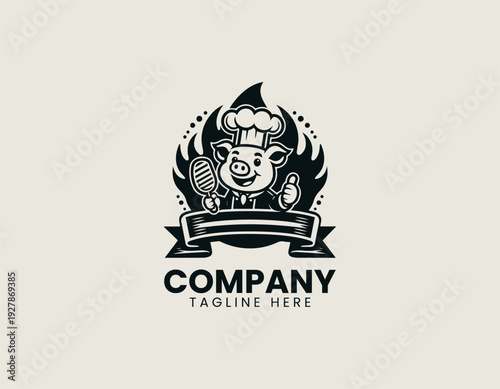 Smiling pig chef holding grilled steak with flames black vector logo illustration isolated on white background