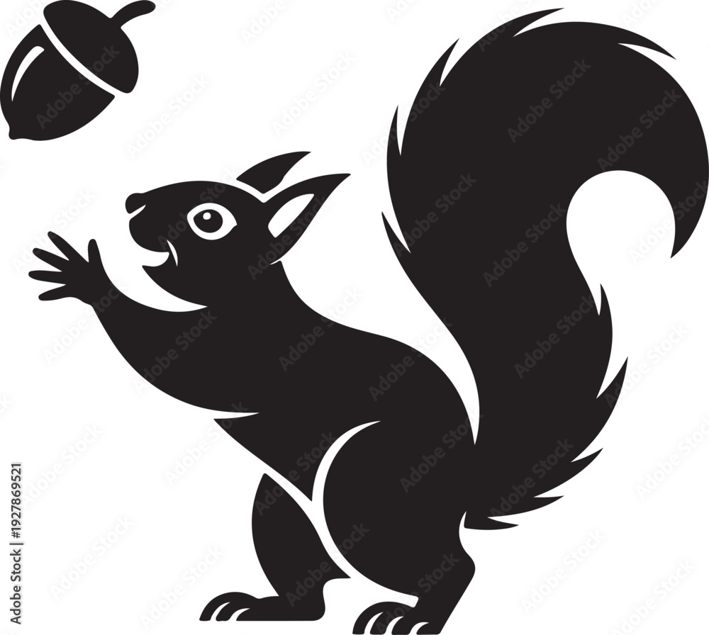Obraz premium Playful black squirrel illustration with acorn, cute animal vector
