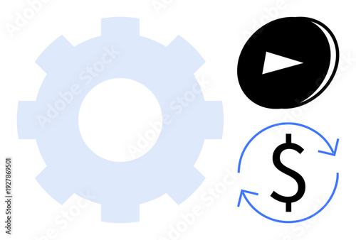 Automation, financial operations, workflow, fintech, process optimization, digital tools. A gear, play button and dollar symbol with cycle arrows. Automation and financial operations concept