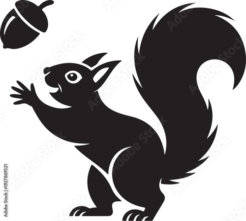 Playful black squirrel illustration with acorn, cute animal vector