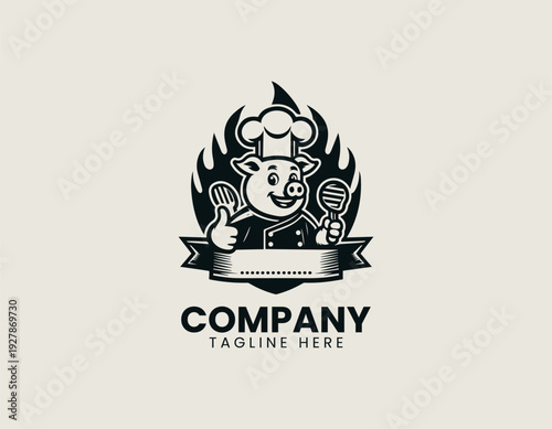 Smiling pig chef holding grilled steak with flames black vector logo illustration isolated on white background
