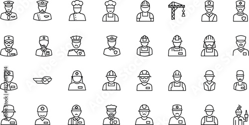 Professional Occupation Outline Icon Set Featuring Workers, Employees, Engineers, Builders, Chefs, Security, and Service Staff Avatars for Business and App Design