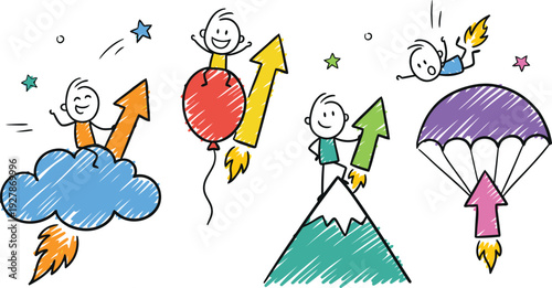 Playful stick figures illustrate business growth and personal achievement through various upward journeys