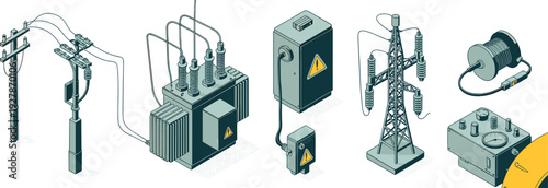 Detailed electrical power distribution system illustration showing utility poles, transformers, control panels, transmission tower, cable spool, and monitoring device, highlighting infrastructure and 