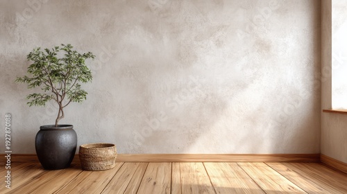 Minimalist room with potted plant and textured wall illuminated by soft light.