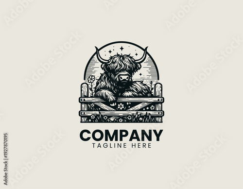 Shaggy highland cow resting on wooden fence with flowers black vector logo illustration isolated on white background