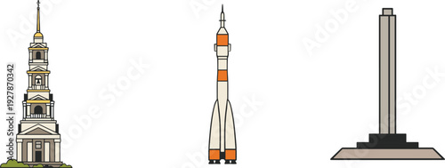 Illustration of vertical structures including church steeple with spire, Soyuz rocket spacecraft, and minimalist obelisk monument, highlighting architecture, engineering, and exploration achievements.