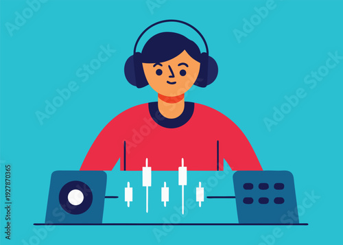 A musician or sound engineer wears blue headphones while working intently at a mixing console featuring faders and controls.