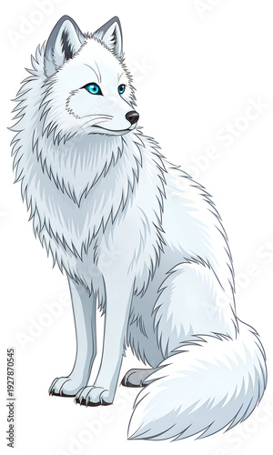 White fox with striking blue eyes sitting on a snowy landscape in a whimsical illustration white, fox, blue, eyes, snowy, landscape, winter, animal, illustration, whimsical, art, fluffy, fur, wildlife