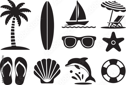 beach and summer icon set silhouette vector illustration