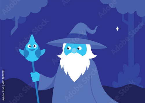 Wizard with white beard and pointy hat holds a staff with a blue creature, standing in a forest.