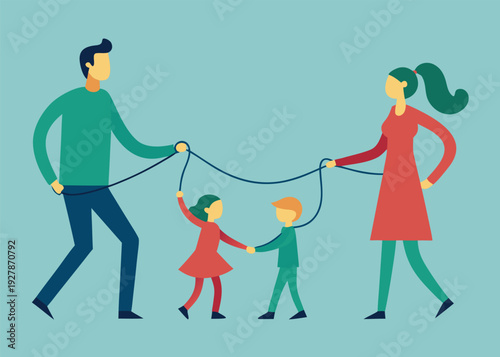 Parents pull on tangled string around two children, symbolizing a custody battle for family.