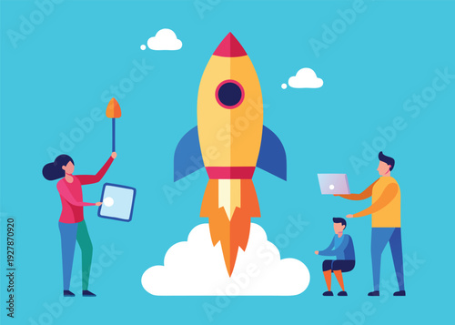 Three people work around a launching space rocket, one with a clipboard, one with a laptop.