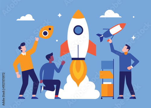 Three people in flat vector style assemble a large space rocket with parts and a small model on a blue background.