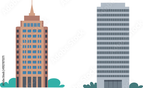 Modern urban architecture illustration featuring contrasting high‑rise buildings, one reddish‑brown with spire and blue windows, the other gray flat‑top with dark windows, shrubbery base.