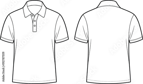 Professional Technical Drawing Set Of A Classic Short Sleeve Polo Shirt Featuring Front And Back Views With Button Placket For Apparel Design