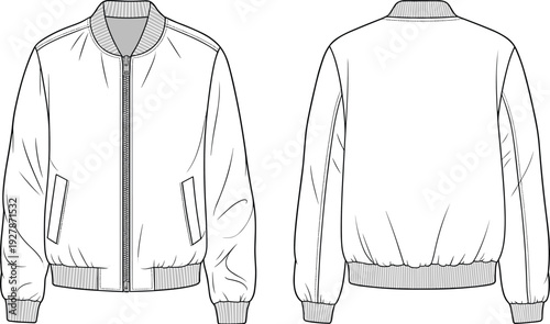 Professional Technical Drawing Set Of A Classic Bomber Jacket Featuring Front And Back Views Ribbed Collar Cuffs And Hem For Outerwear Design