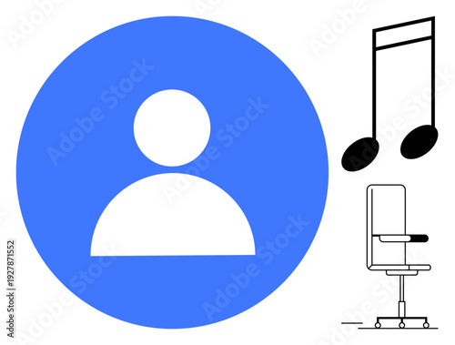 Social media, digital identity, work-from-home, online interaction, music streaming, office setup. Circular user icon, large musical note office chair. Social media and digital identity