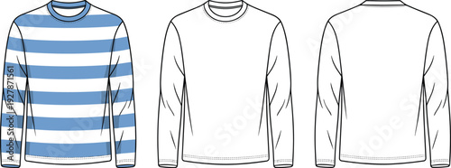 Professional Technical Drawing Set Of A Men Long Sleeve T Shirt Featuring Striped And Solid Versions With Front And Back Views For Apparel
