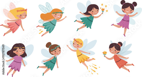 Seven cartoon fairy girls in various colorful dresses and hairstyles flying with wings on white background