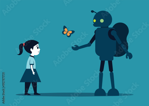 A large friendly robot teacher shows a colorful butterfly to a young girl with pigtails, standing together.