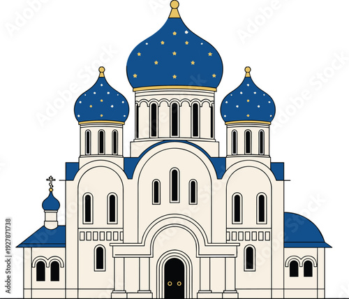 Russian Orthodox church illustration with onion domes, blue starry domes, gold finials, arched windows, beige walls, traditional architecture, religious landmark vector art