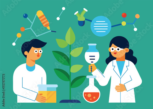 Two scientists in lab coats observe a plant with various scientific elements in a laboratory.