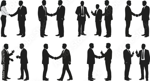 Multiple dark silhouettes of businessmen finalizing deals with firm.